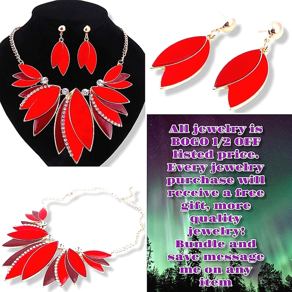 18K gold plated red crystal leaf necklace earrings set - Picture 2 of 12